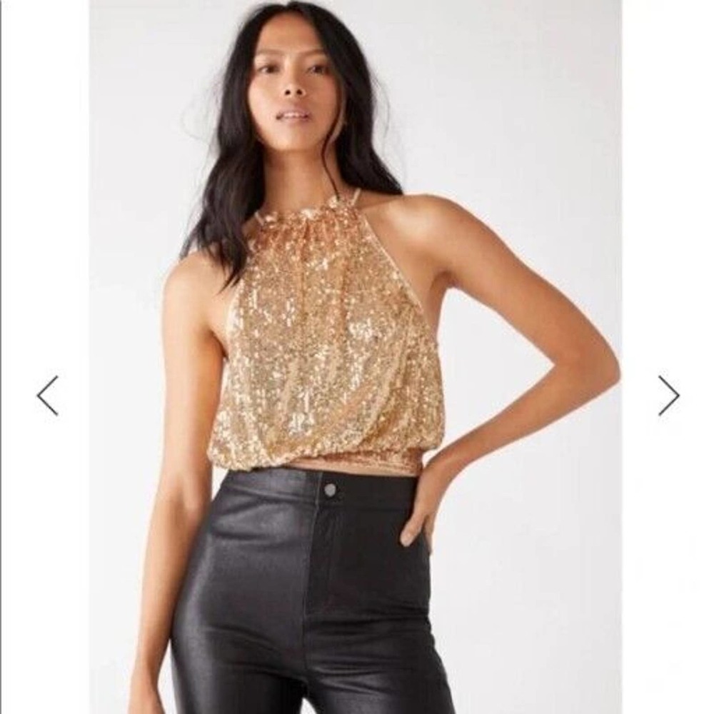 Free People Lights Out Gold Sequin Halter Tank Top Open Tie Back Large EUC